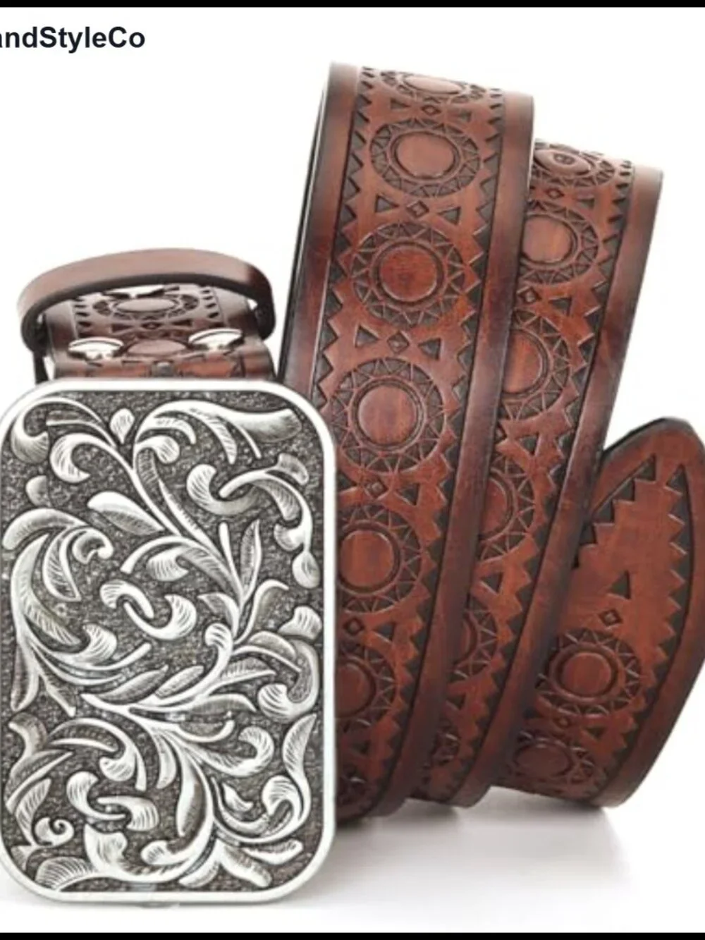 Rhinestone Studded Western Cowgirl Belt PU Leather Floral Buckle Waist Belt